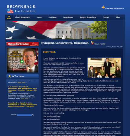 Sam Brownback 2008 US presidential election website