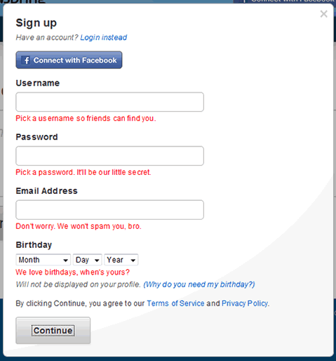 Formspring sign-up form error messages
