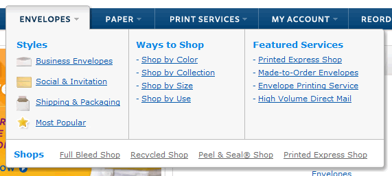 Action Envelope mega menu design example