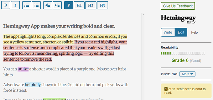 Hemingway web copywriting app